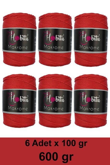 Hobitu Yarn - HOBİTU MAKROME 600 GR 6 Lİ PAKET 100 Kırmızı